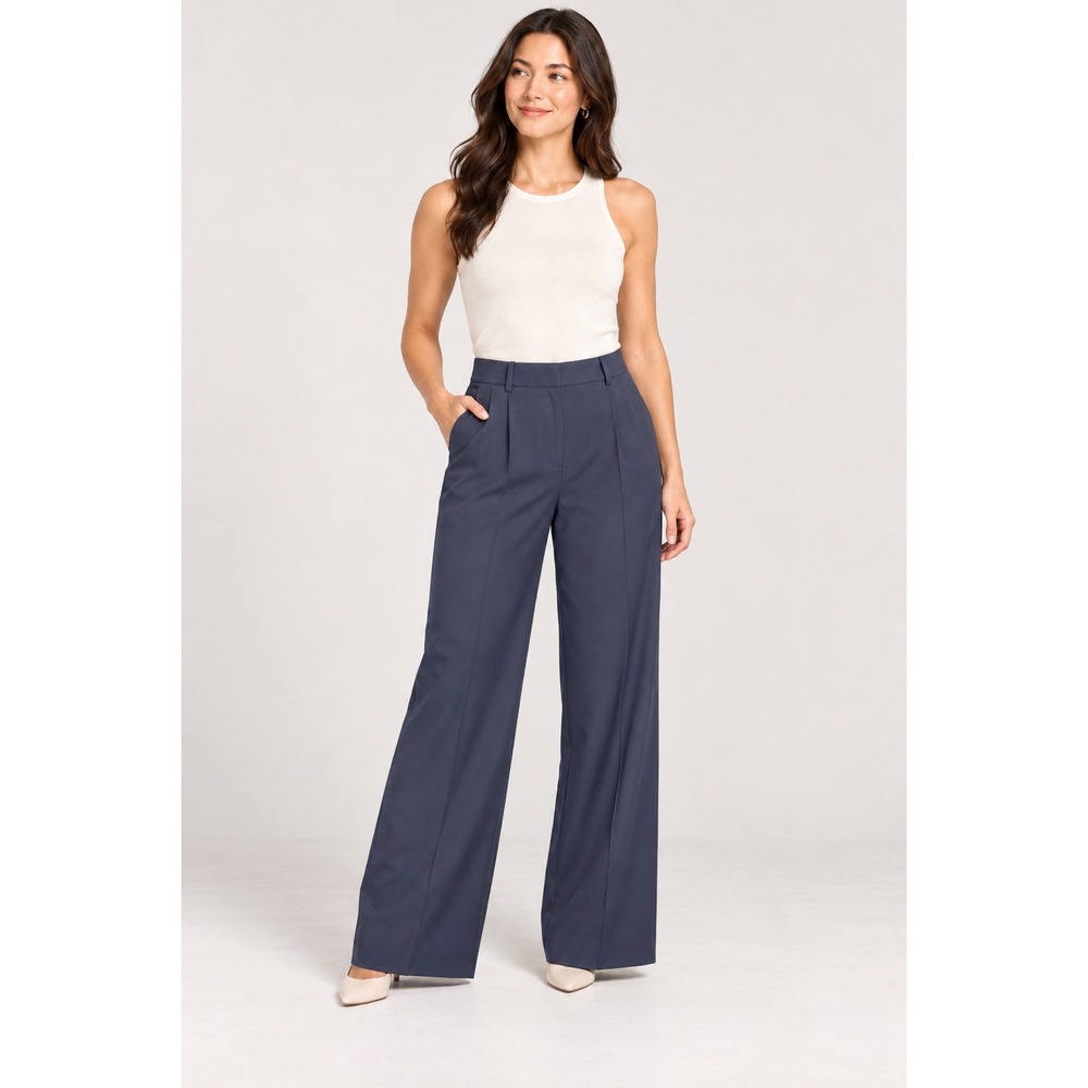 FRAME Navy Blue Wide Leg Pleated Trousers High Waisted Dress Pants Size 10
